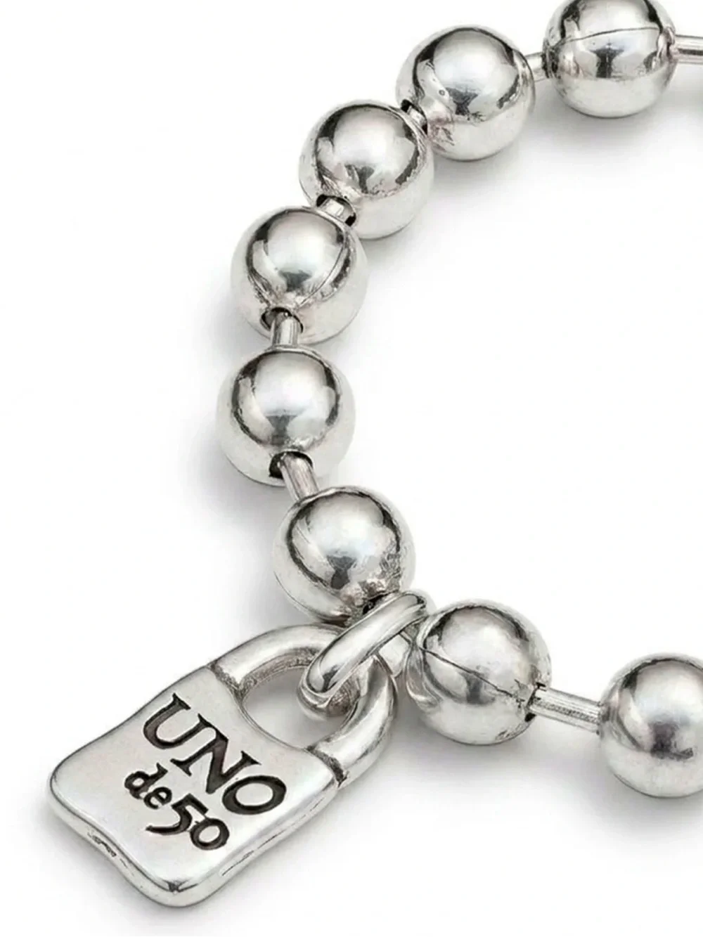 UNO de 50 Polished Silver Bead Bracelet with Padlock Charm